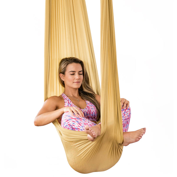 Silk Aerial Yoga Swing & Hammock Kit for Improved Yoga Inversions, Flexibility & Core Strength - Gold