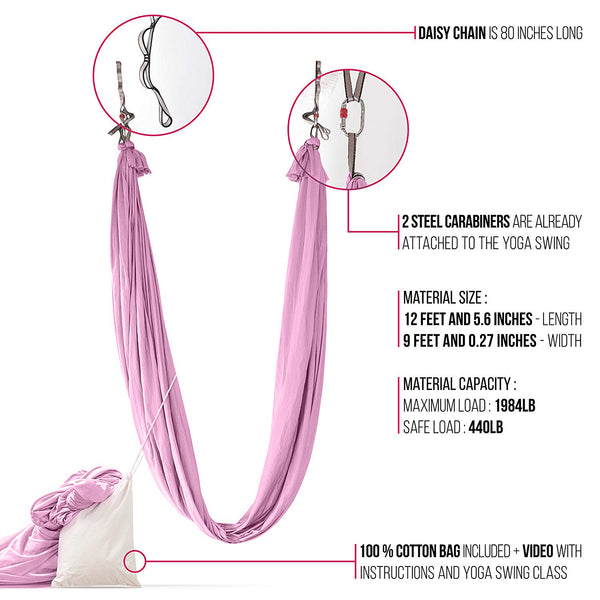 Silk Aerial Yoga Swing & Hammock Kit for Improved Yoga Inversions, Flexibility & Core Strength - Pink